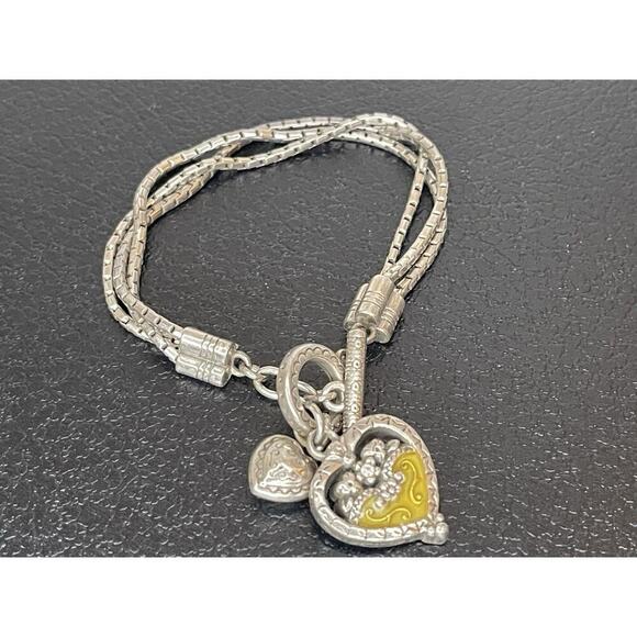 Brighton Two Heart Yellow Black Flower Toggle Bracelet Silver Plate Charm - Picture 1 of 3